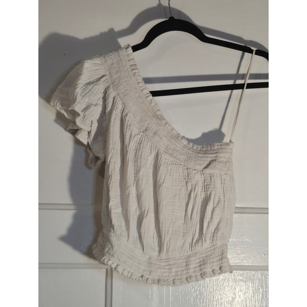 Aerie White One Shoulder Smocked Gauze Ruffle Crop Top Small